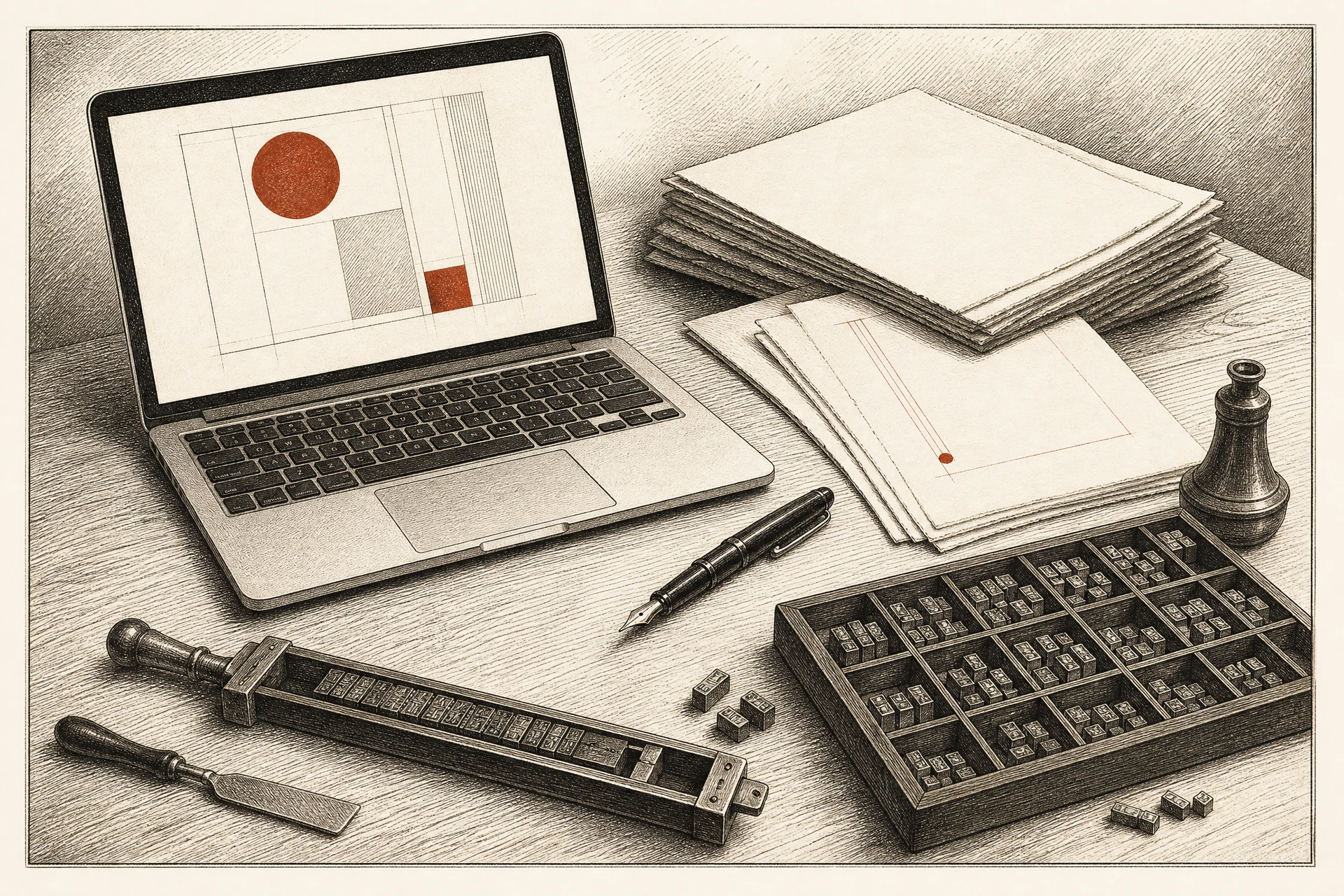 Engraving of a laptop beside letterpress type cases, a composing stick, and stacked paper