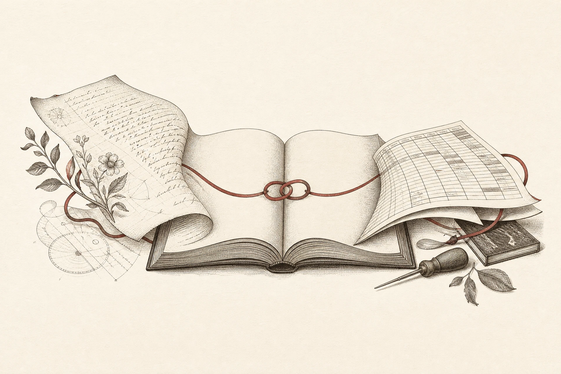 Engraving of an open book linked by a red thread to a handwritten manuscript and a spreadsheet