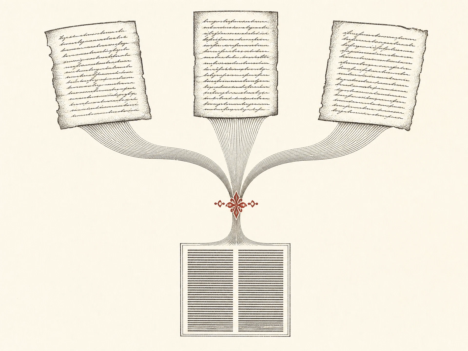Engraving of three manuscript pages flowing through a red ornament into a single typeset page